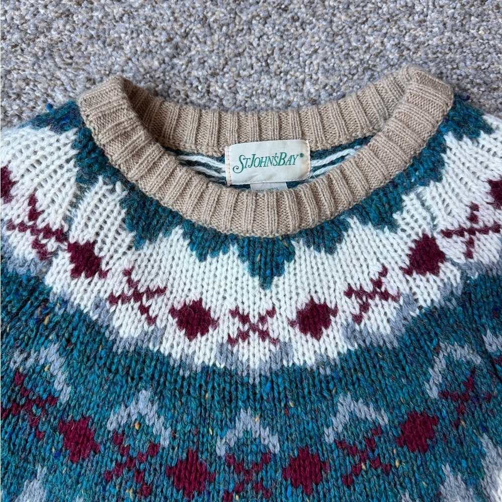 St. John's Bay Teal and Beige Crewneck Sweater - Picture 3 of 5